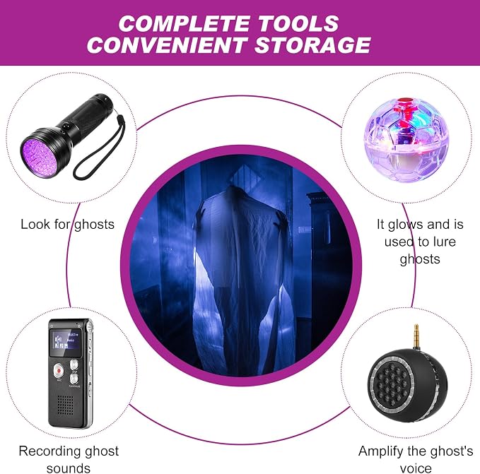 Dunzy 8 Pcs Ghost Hunting Equipment Kit, Include 1 Emf Meter 1 EVP Voice Recorders 1 Spirit Ghost Hunting Research Case 1 Flashlight 1 Speaker 2 Motion Light up Cat Balls 1 Radio(Emf Meter 4, Radio 1)