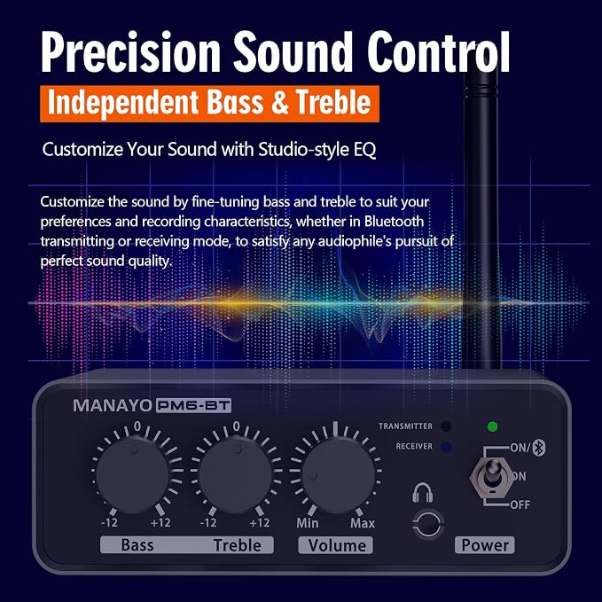 PM6BT Bluetooth Phono Preamp for Turntables, Wireless Transmitter Receiver Preamplifier, MM Phonostage with Bass Treble EQ, Headphone Out, aptX HD, Vinyl Record Player Pre-amp, Aluminum