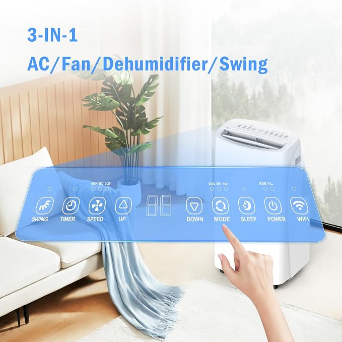 16000 BTU Wi-Fi Smart Portable Air Conditioner with Heat, 4-in-1 Cool/Dehumidify/Fan/Heat Portable AC, Cools Up to 800 Sq.Ft, Remote Control & 360° Universal Wheels for Large Room, Home & Office