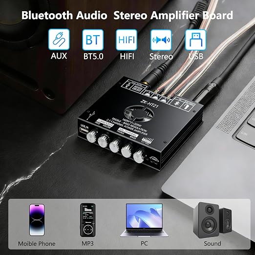 ZK-HT21 Bluetooth 5.1 Amplifier Board, 2.1 Channel 160W×2+220W Subwoofer Audio Power Amp Module with Treble Bass Control, AUX Input Mini HiFi Stereo Amp for Home DIY Speaker & Car Audio Upgrade