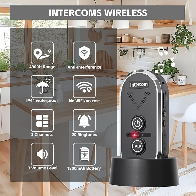 Doorbell Wireless for Home, Wireless Intercom System 4900ft Long Range,Two Way Intercom Doorbell with 3 Volume Levels,20 Ringtones,Intercoms for Home Classroom Business,2 Pack