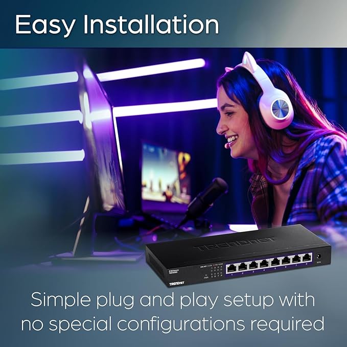 TRENDnet 8-Port 2.5Gb Multi-Gigabit Unmanaged Gaming Switch, TEG-S380, 8 x 2.5GBASE-T Ports, 25Gbps Switching Capacity, Ethernet Splitter, NDAA & TAA Compliant, Fanless, Lifetime Protection, Black