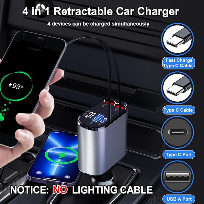 Retractable Car Charger 4 in 1 USB C Fast Charger with Dual Type-C Cables (31.5 inch) and 2 Charging Ports with Voltage Display Compatible with iPhone 17/16 Pro Max Samsung Galaxy Note