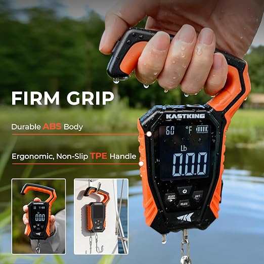 KastKing Weighmaster Mechanical-Digital Fishing Scale with Lip Gripper, 120 lb Capacity, 2.5" Backlit Display, High-Precision Sensor, 9 Weight Memory, Temperature Detection, IPX6 Waterproof