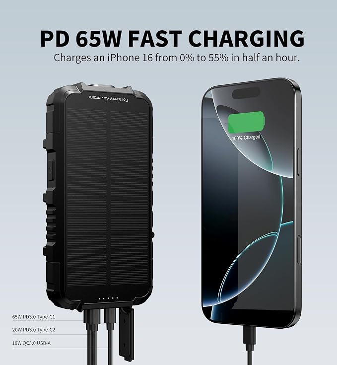 Dexnor 27,000mAh Solar Power Bank Portable Charger, Fast Charging External Battery Pack with LED Flashlight, 3 Ports & Wireless Charging for Phone, Tablets, Laptops for Camping, Travel & Emergency