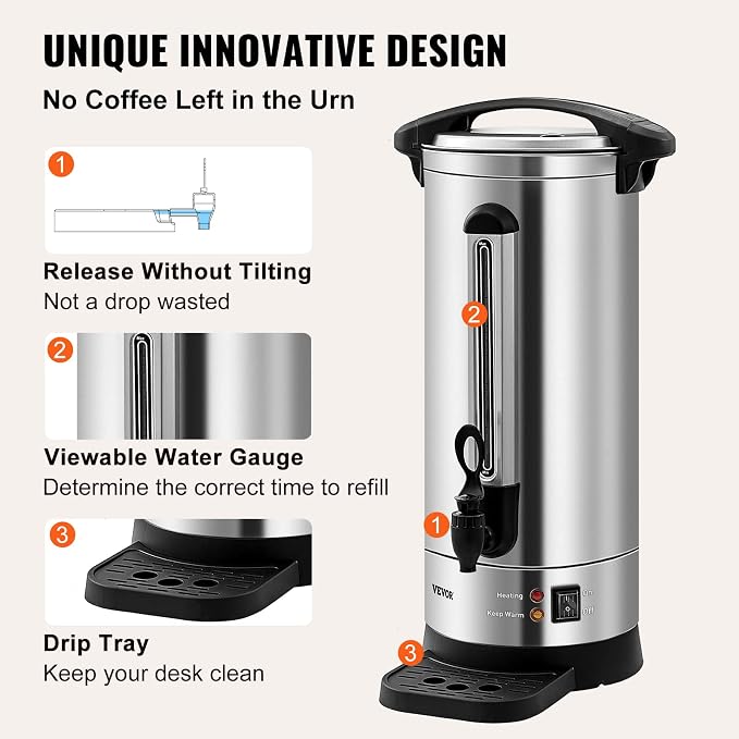 VEVOR Commercial Coffee Urn, 110Cups/16.5L Stainless Steel Large Coffee Dispenser, 1500W 110V Electric Coffee Maker Urn For Quick Brewing, Hot Water Urn for Easy Cleaning