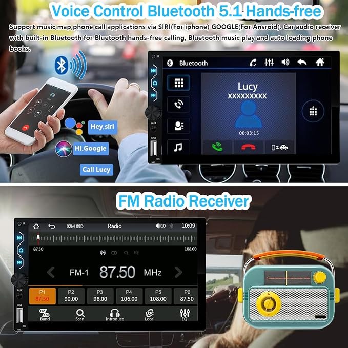 7 Inch Touchscreen Car Radio with Apple Carplay and Android Auto - Bluetooth, Backup Camera, Mirror Link, SWC, USB/AUX/Subwoofer