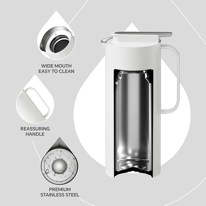 IDEUS Thermal Coffee Carafe 50oz (1,400ml), Stainless Steel Double Wall Insulated Vacuum Flask, Water Jug Coffee Server and Beverage Dispenser, Heat and Cold Retention, White