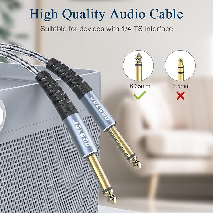 JOLGOO 1/4 Inch Guitar Instrument Cable 10 FT 2-Pack, 1/4 inch TS Guitar Cable, Quarter inch Cable, for Electric Guitar, Bass, Keyboard, Mixer, Amplifier, Speaker, Electric Mandolin