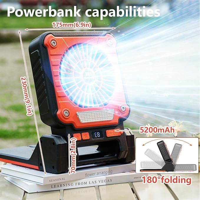 Solar Powered Rechargeable Fan with Light - 3 Speed Portable USB-C Hanger Camping Fan, Power Outage for Home and Kitchen Emergency, Outdoor Tent Fan for Picnic, BBQ and Travel