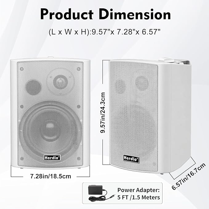 Herdio 5.25" 300W Outdoor Bluetooth Speakers, IPX5 Waterproof Rating and Be Able to Wireless Multi-Connection Up to 20 Units for Patio/Porch/Balcony (White, 2-Pack)