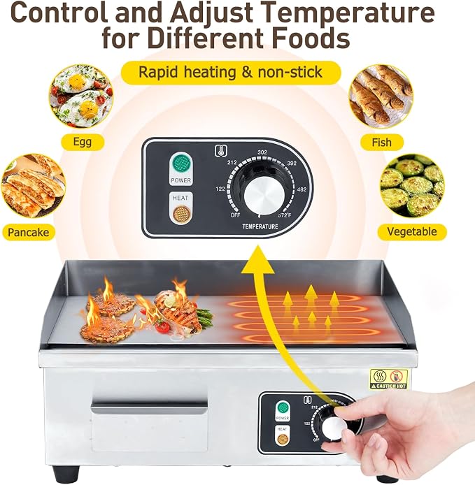 Takywep 14 inch Commercial Electric Griddle, 1500W Countertop Griddle, Non-Stick Restaurant 110V Teppanyaki Flat Top Grill Stainless Steel Adjustable Temperature Control 122°F-572°F (with PLUG)