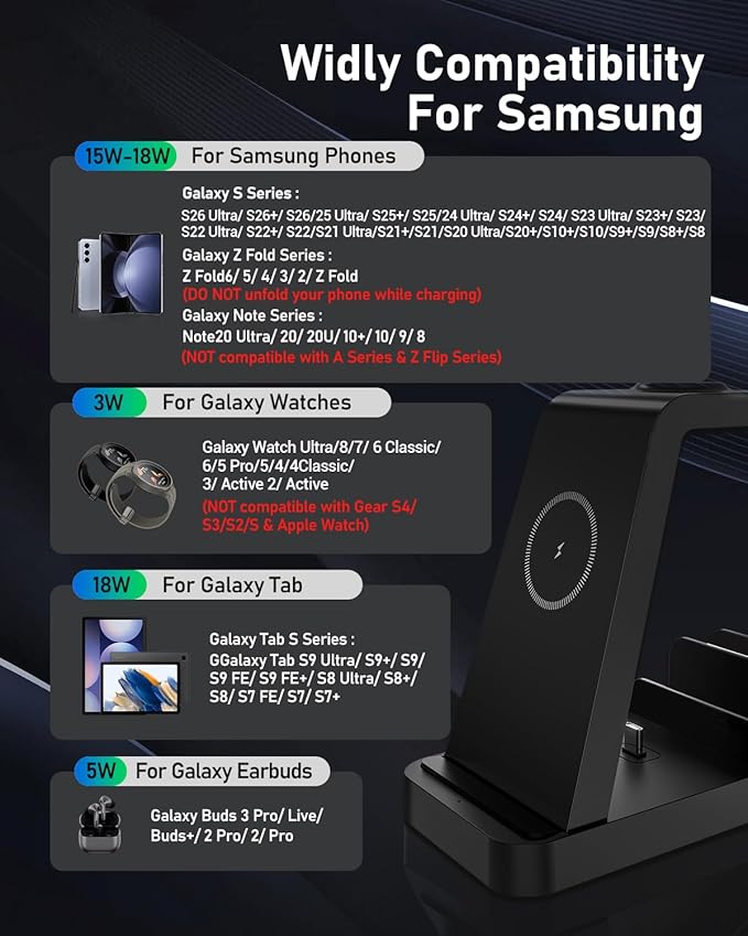 Wireless Charger for Samsung, 5 in 1 Android Charging Station for Galaxy S26 Ultra/S25/S24/S23/S22/S21, Galaxy Watch Ultra/8/7/6/5, Galaxy Buds 2/2 Pro, Multi Device Charger Stand, Black