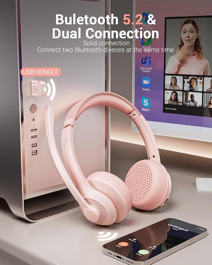 JIAMQISHI Wireless Headset with AI Noise Cancelling Microphone Bluetooth Headset - Bluetooth V5.2 Headphones with USB Dongle & Mic Mute for Computer/Laptop/PC/iPhone/Android/Cell Phones (Pink)