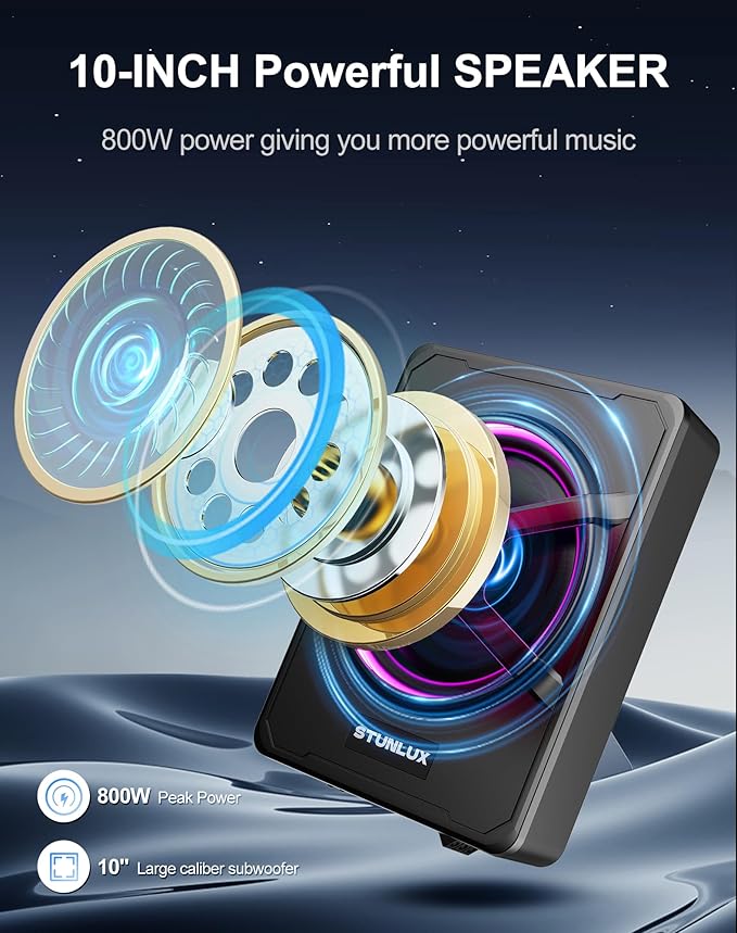 10 Inch 800W Under Seat Car Subwoofer,Full Cast Aluminum Under Seat Powered Subwoofer,Built-in Amp & APP LED Light Control,12V Universal Vehicle Subwoofer Full Installation Kit with Gift Box