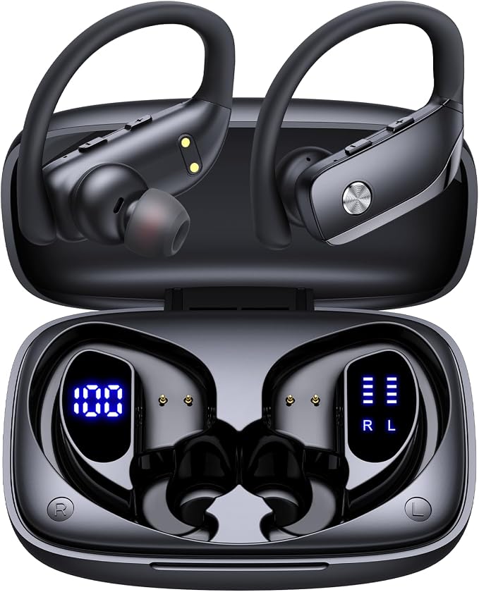 bmanl Wireless Earbuds Bluetooth Headphones Over Ear Hooks Ear Buds with 80H Playtime, LED Power Display, Dual Mic Clear Calls, Sports Wireless Ear Buds Bluetooth Earbuds for Running Gym Workout Black
