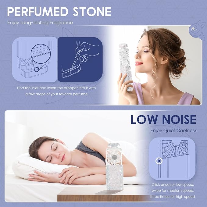 Lady Rechargeable Personal Fan with 3 Speeds, Quiet Portable Mini Cooling Desk Electric Fan - White Rhinestones