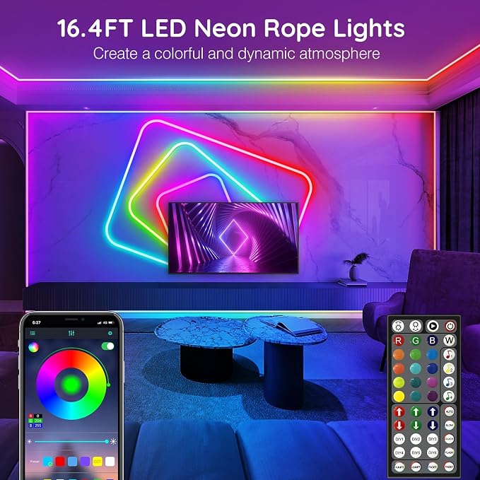 LETIANPAI 15Ft Neon Rope Lights,Flexible Led Rope Lights Control with App/Remote,Multiple Modes Music Sync Gaming RGB Led Neon Lights for Bedroom Outdoor