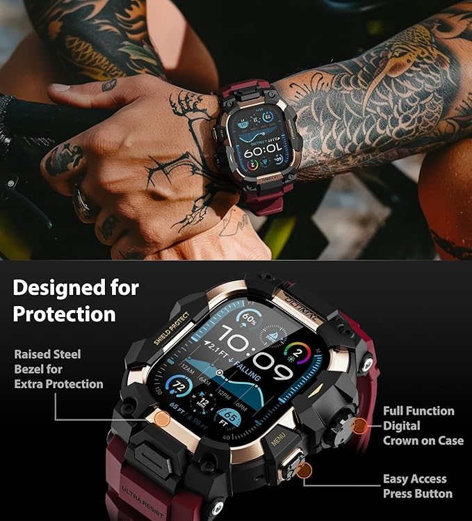 ULTIMAL Rugged Case with Band for Apple Watch 49mm,Compatible with Apple Watch Ultra 3/2/1, Military Grade Shockproof Bumper Cover for iWatch Tactical Band Men (49mm,Red)