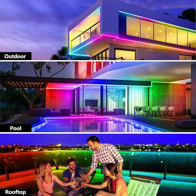 32.8FT Outdoor LED Strip Light Waterproof,IP68 Outside RGB+IC Light Strip with App/Remote Control,Chase Mode,Music Sync Light for Balcony,Deck,Rooftop,Garden,Pool