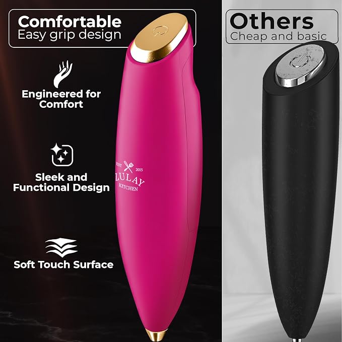Zulay Kitchen Powerful Milk Frother Wand With Duracell Batteries - Ultra Fast Handheld Drink Mixer - Electric Whisk Foam Maker for Coffee, Lattes, Cappuccino & Matcha - Triple Whisk - Magenta Gold