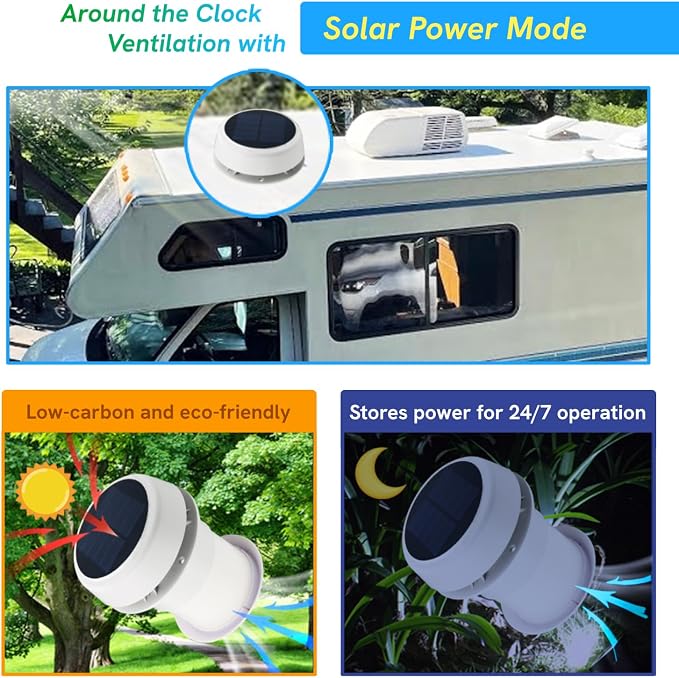 Pactrade Marine Solar Roof Vent Fan - Dual-Mode 12V/Solar Vent Fan for Shed, RV, Trailer, More | Solar/12V Exhaust Fan for Odor & Moisture Control | Quiet, Weatherproof RV Exhaust Fan Replacement