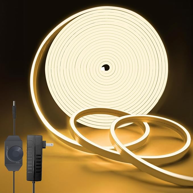 Neon Rope Lights, 32.8ft Warm White Dimmable LED Rope Lights, Cuttable Waterproof Flexible DIY LED Strip Lights for Bedroom, Indoor, Outdoor Decoration (Power Adapter Included)