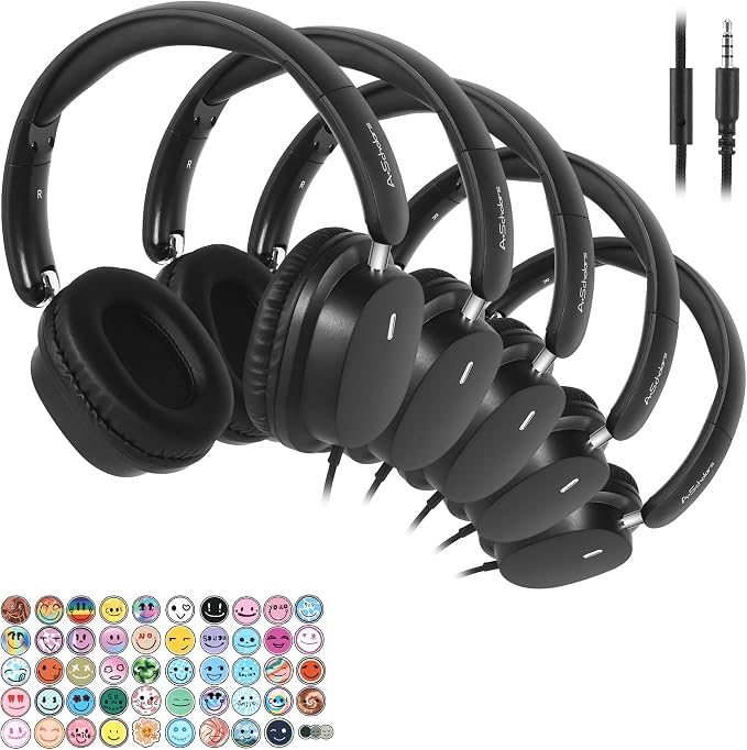 Kids Headphones Bulk 5 Pack for School, HD Mic Stereo Sound Over-Ear Headphones for Classroom, Comfortable Fit, Foldable, 3.5mm Jack Wired Headphones for Kids ipad Tablets Computer Travel