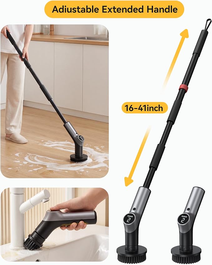 Electric Spin Scrubber for Bathroon,IPX7 Cordless Cleaning Brush with 6 Replaceable Brush Heads,120 Mins Runtime Power Shower Scrubber with Adjustable Extension Handle and Durable Brush Head for Tub