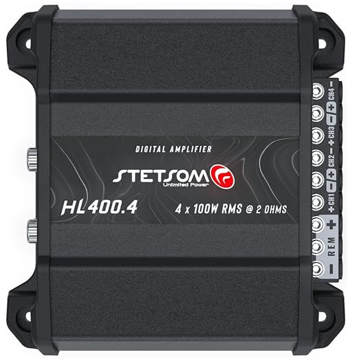 Stetsom HL 400x4 2 Ohms - Compact Digital 4 Channel Amplifier, 400W RMS 400.4, Full Range, High Input, Bass Boost Gain + 14db (Variable Adjustment 30-75hz), Multichannel, Digital Sound, Crossover