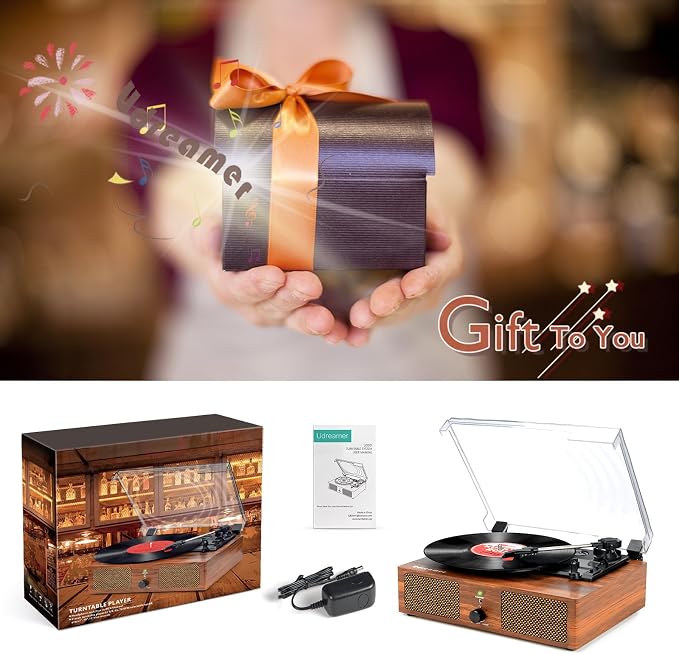 Vinyl Record Player with Upgraded Speakers and USB,Belt-Driven Bluetooth Turntable with 3 Speed AUX Input Headphone Jack and RCA Output