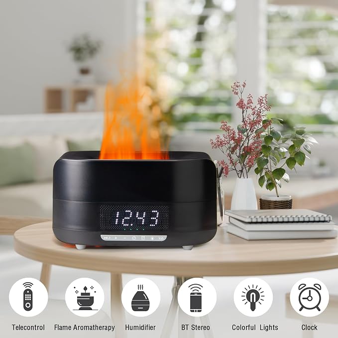 Aroma Essential Oil Diffuser & Humidifier 400mL, 5-in-1 Flame Effect Ultrasonic Diffuser with Bluetooth Speaker, LED Night Light & Clock, Quiet Diffuser for Bedroom Sleep Relaxation(Black)
