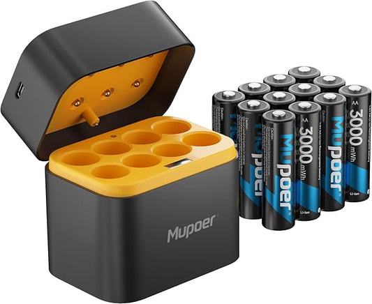 12 Pack Rechargeable AA Batteries Lithium with Charger,3000mWh 1.5V AA Lithium Blink Batteries,Double A Battery Rechargeable,Long Lasting Pilas Recargables Lithium ion AA Battery for Xbox