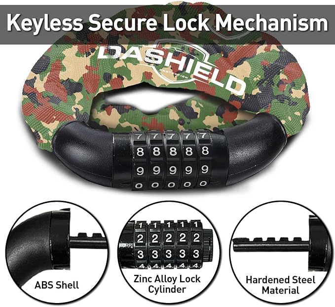 Bike Chain Lock Security 5 Digit Resettable Combination, 51.2 inches Heavy Duty Anti Theft Lock Chain for Bicycle, Motocycle, Scooter, Gate, Fence (Camo, 4.2ft)