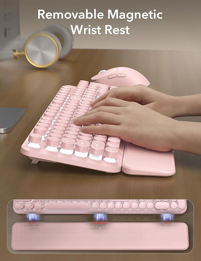Wireless Keyboard and Mouse Backlit - Pink Typewriter Keyboard with Magnetic Wrist Rest, Retro Round Keycaps, Light Up Letters, 2.4GHz Cordless Combo for Windows, PC, Laptop, Trueque [Upgraded]
