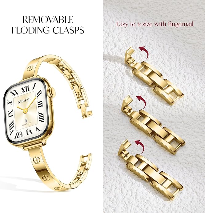 Missair Slim Bands Compatible with Apple Watch 38mm 40mm 41mm 42mm 44mm 45mm 46mm 49mm for Women, Thin Bracelet Dressy Designer Stainless Steel Metal Strap for iWatch Series 11 10 9 8 7 6 5 4 SE Ultra