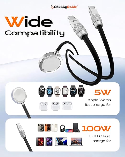 chubbycable Duo-Core Flex 2-in-1 USB C Cable 100W Fast Charging 5W [40Mins 80%] Magnetic Apple Watch Charger 4FT Soft Silicone Compatible with iWatch, iPhone, iPad, MacBook, AirPods, Black