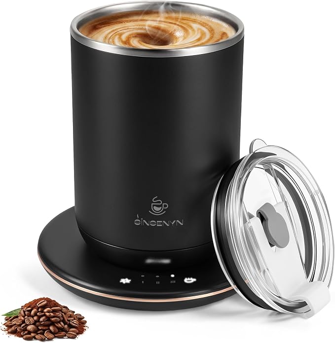 Self Stirring Coffee Mug, Self Heating Coffee Mug, Heated Cup with 3-Level Smart Temperature Control, Auto Shut-Off Electric Coffee Cup Warmer with Detachable Base, Gift for Family Friends (Black)