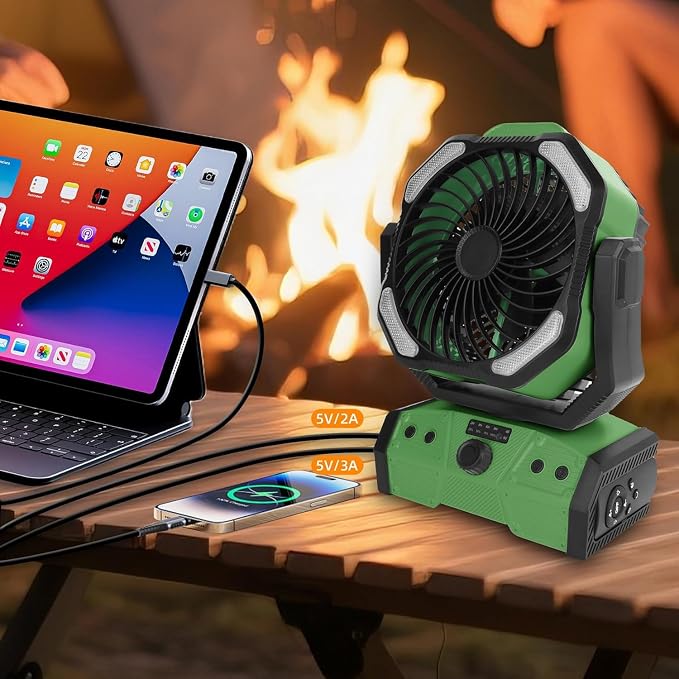 ELZO 30000mAh Camping Fan with LED Light, Max 70H Working, Cordless Portable Rechargeable Desk Tent USB Fan with Remote Hook, Head Rotation, Stepless Speed, for Home Outdoor Office Travel Fishing