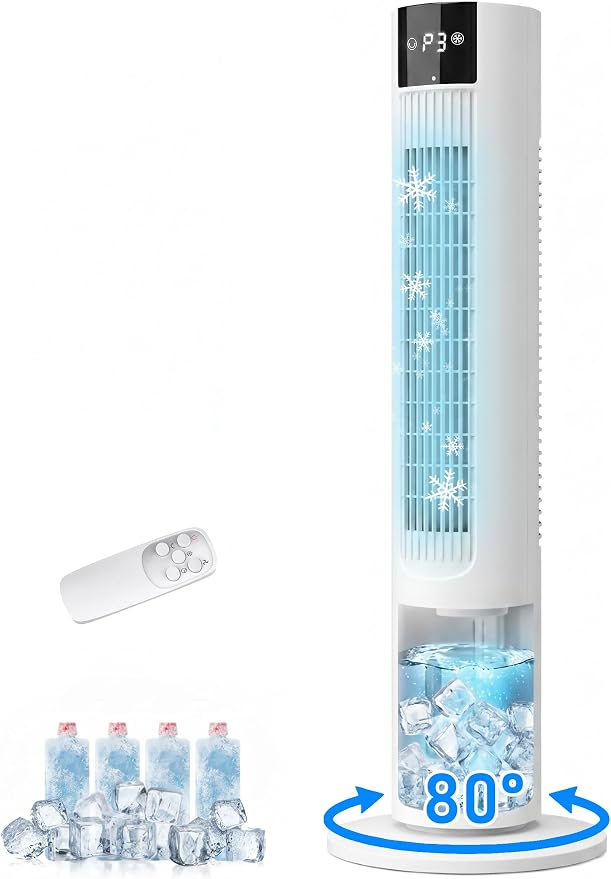 35" Evaporative Air Cooler, 3-In-1 Swamp Cooler, Portable Air Conditioners No Windows Needed, 3 Speeds, 4 Ice Packs, 12H Timer, 80° Oscillation, Remote, AC Cooling Fan for Bedroom, Room