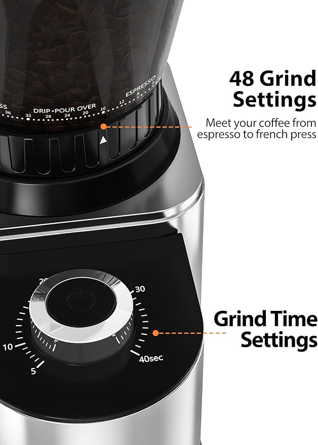 Aromaster Conical Coffee Bean Grinder with 48 Gind Settings,Burr Coffee Grinder for Home Use,Stainless Steel,40 Seconds Adjustable Timer,Anti-static,Easy to Clean with Brush,Classic Silver