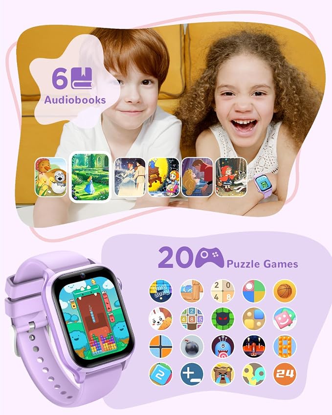 Kids Smart Watch, No App or Phone Needed, Fitness Tracker Watch, Heart Rate, Puzzle Games, IP68 Waterproof, Sleep Monitor, for Boys Girls Ages 4-12, Purple