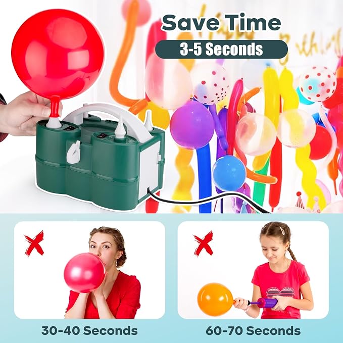 Voircoloria Balloon Pump Electric, 3-in-1 Portable Automatic Dual Nozzle Inflator 110V with Tying Tools for Birthday Gender Reveal Baby Shower Balloons Party Decorations(Green)