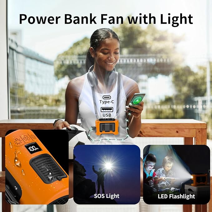 Socool 14500mAh Portable Waist Fan Clip on Wearable Belt Rechargeable Personal Fan, Dual Air Outlet, 40H Cooling 5-Speed Battery Operated Fans with Light, Neck Fan Hanging for Outdoor Camping Travel