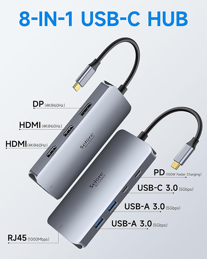 USB C Docking Station Dual Monitor, Selore Docking Station 3 Monitors Triple 4K Display with 2 HDMI, DisplayPort, 1Gbps Ethernet, 100W PD Charging, USB 3.0 Ports Adapter for Dell, HP, Lenovo,etc