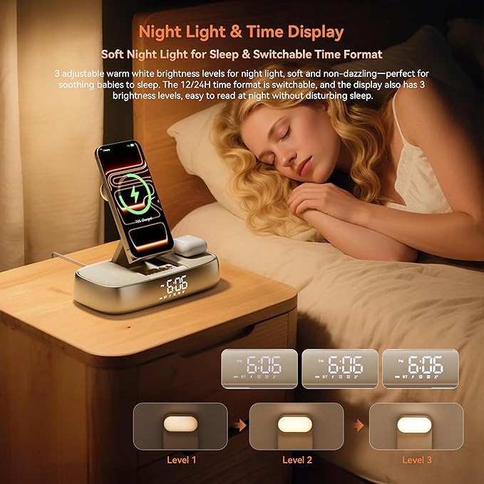 Bluetooth Speaker Alarm Clock with Wireless Charging, 15W Safe Fast Wireless Charger Station Phone Stand, 3 Level Bedside Night Light Protable Speaker, Mom Gifts Dual Digital Alarm Clocks for Bedrooms
