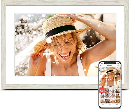 10.1 Inch Digital Picture Frame, 32GB Frameo Digital Frame WiFi, Digital Photo Frame 1280x800 HD Touch Screen, WiFi for Instant Sharing, Auto-Rotate, Wall Mountable, Gifts for Women, White Woodgrain
