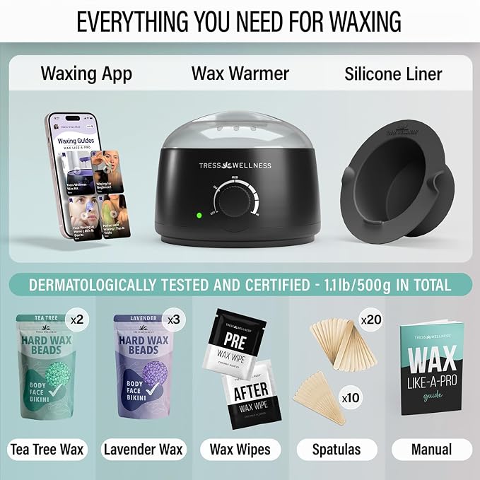 Tress Wellness Award Winning Waxing Kit for Sensitive Skin – Safe for Face & Skin, Easy to Use – At-Home Kit for Face, Bikini, Brazilian & Full Body - Black, No Display