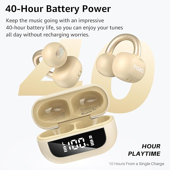TOZO OpenEarRing True Open Ear Earbuds, Lightweight Comfort Open Ear Clip Wireless Earbuds, 40H Play Bluetooth 5.4 Headphones with Smart Digital Display Design Fit Sports Running, Workout Yellow