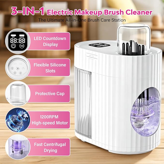 Electric Makeup Brush Cleaner Machine, 3-IN-1 Automatic Cleaning & Fast Drying, 1200RPM High-speed Spinning, Adjustable Timer, LED Display, 7 Slots for All Brush Sizes, USB Powered, Pure White